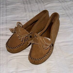 Minnetonka Tan Moccasins with Classic Stitching